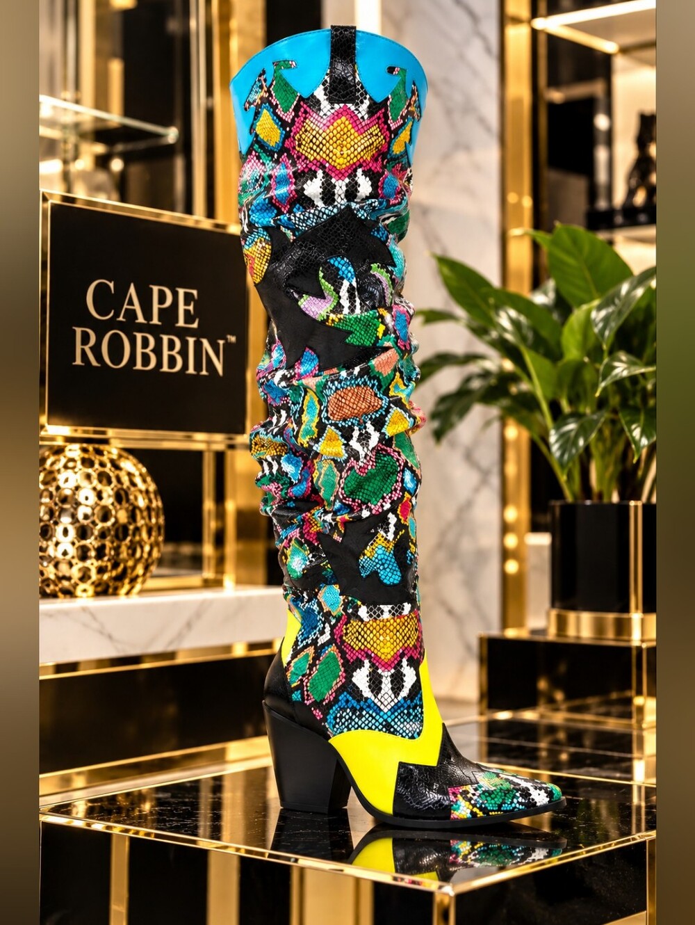 Cape Robbin Hilda Multicolor Faux Snakeskin Thigh-High Western Boots – Size 8